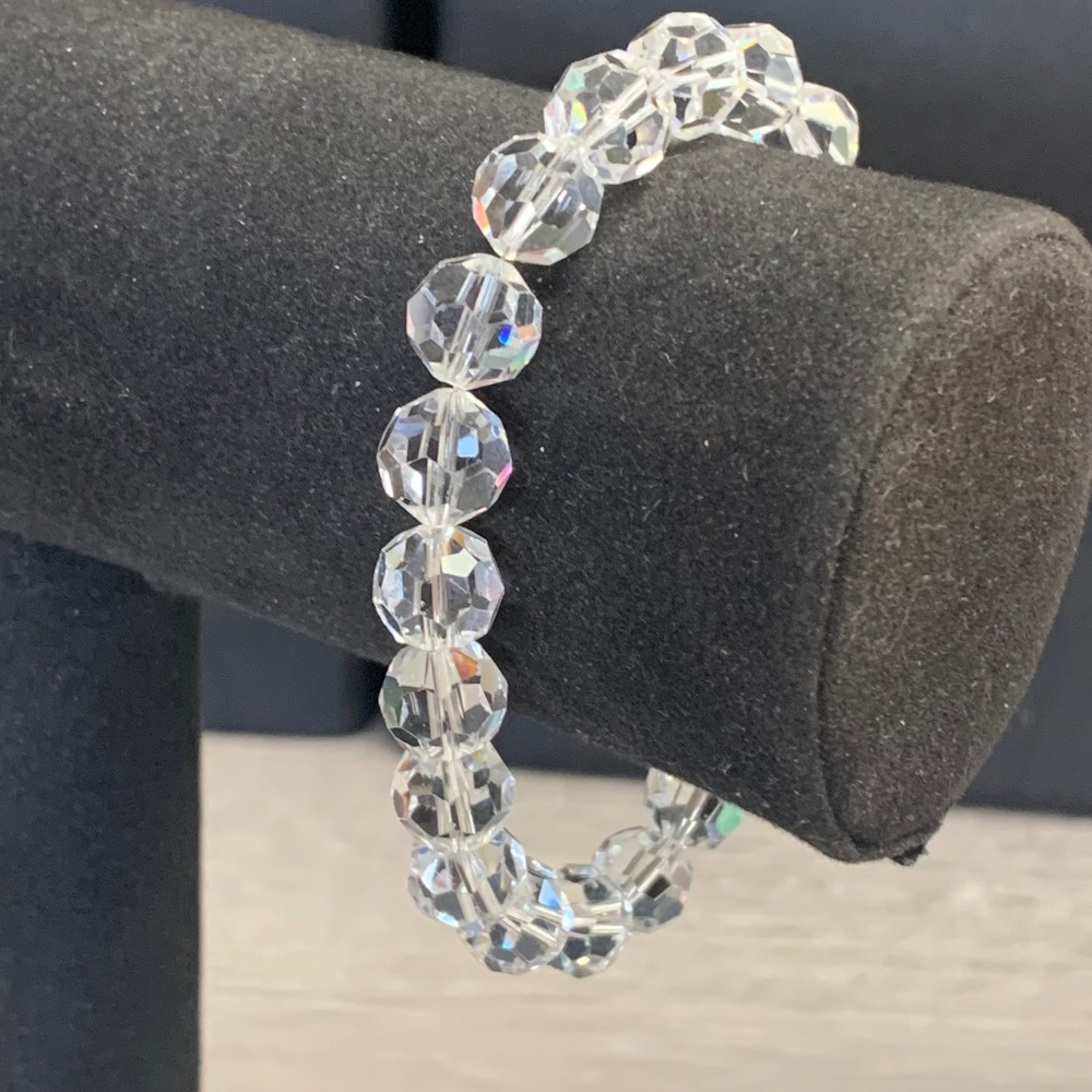 Clear Faceted Crystal Bead Strand Bracelet Silver Tone Lobster Clasp 7 Inch